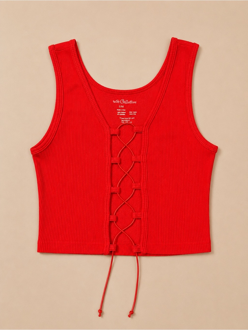 Collection B Red Ribbed Lace-Up Crop Tank
